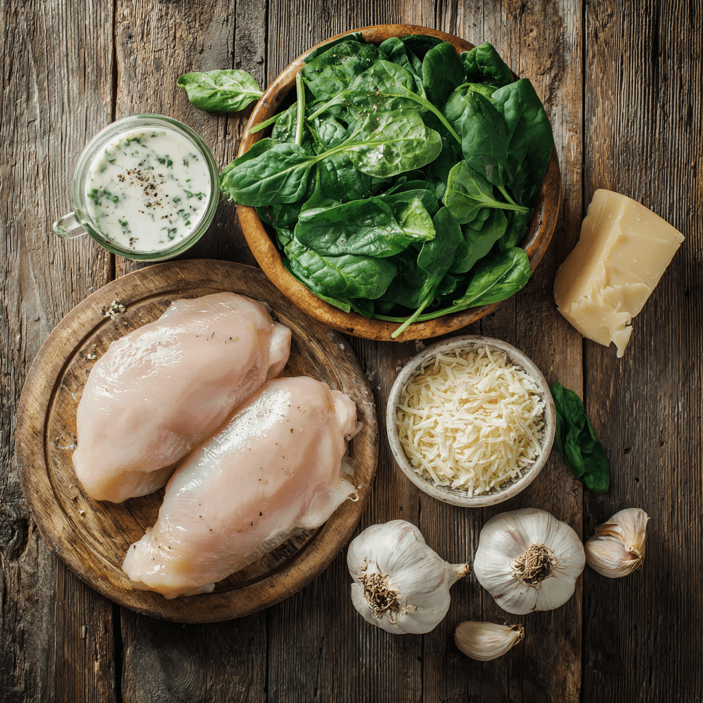 Ingredients for creamy garlic chicken with spinach