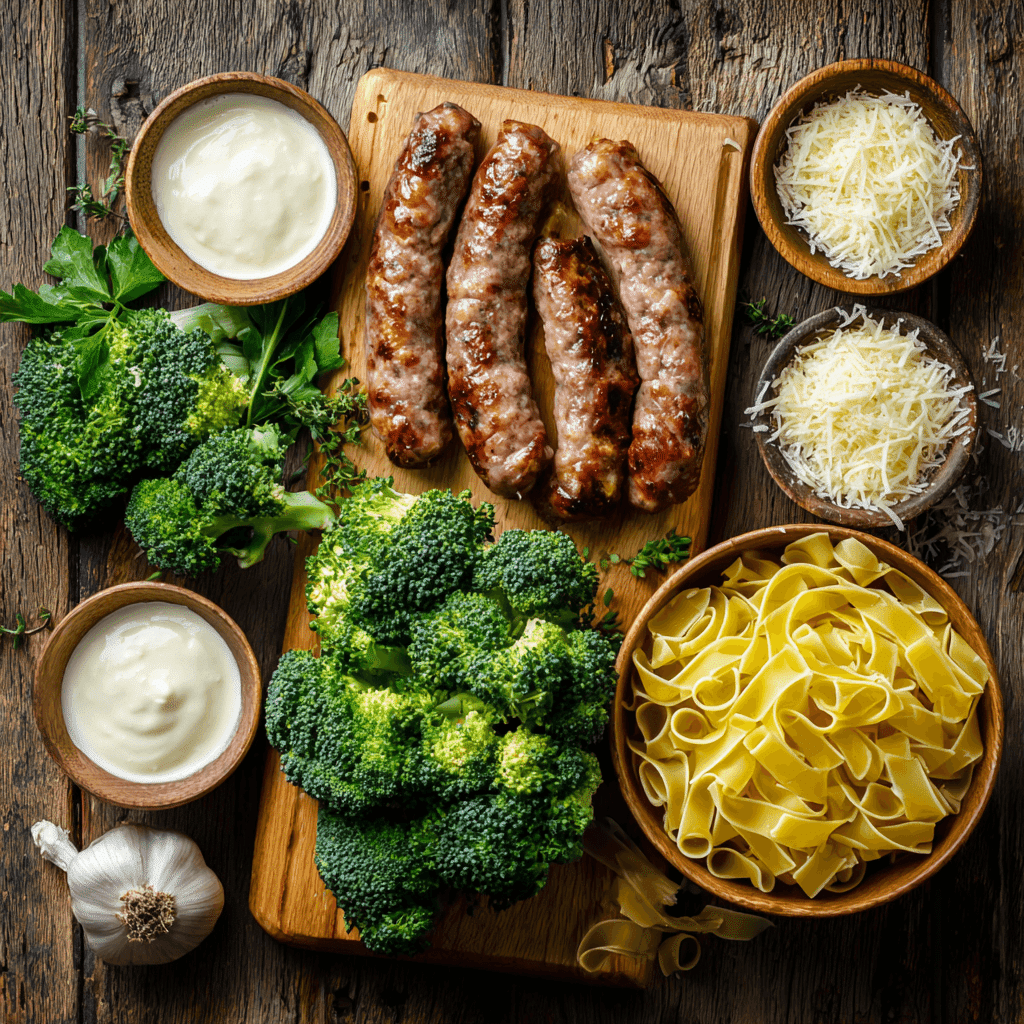 Ingredients for sausage and broccoli Alfredo pasta