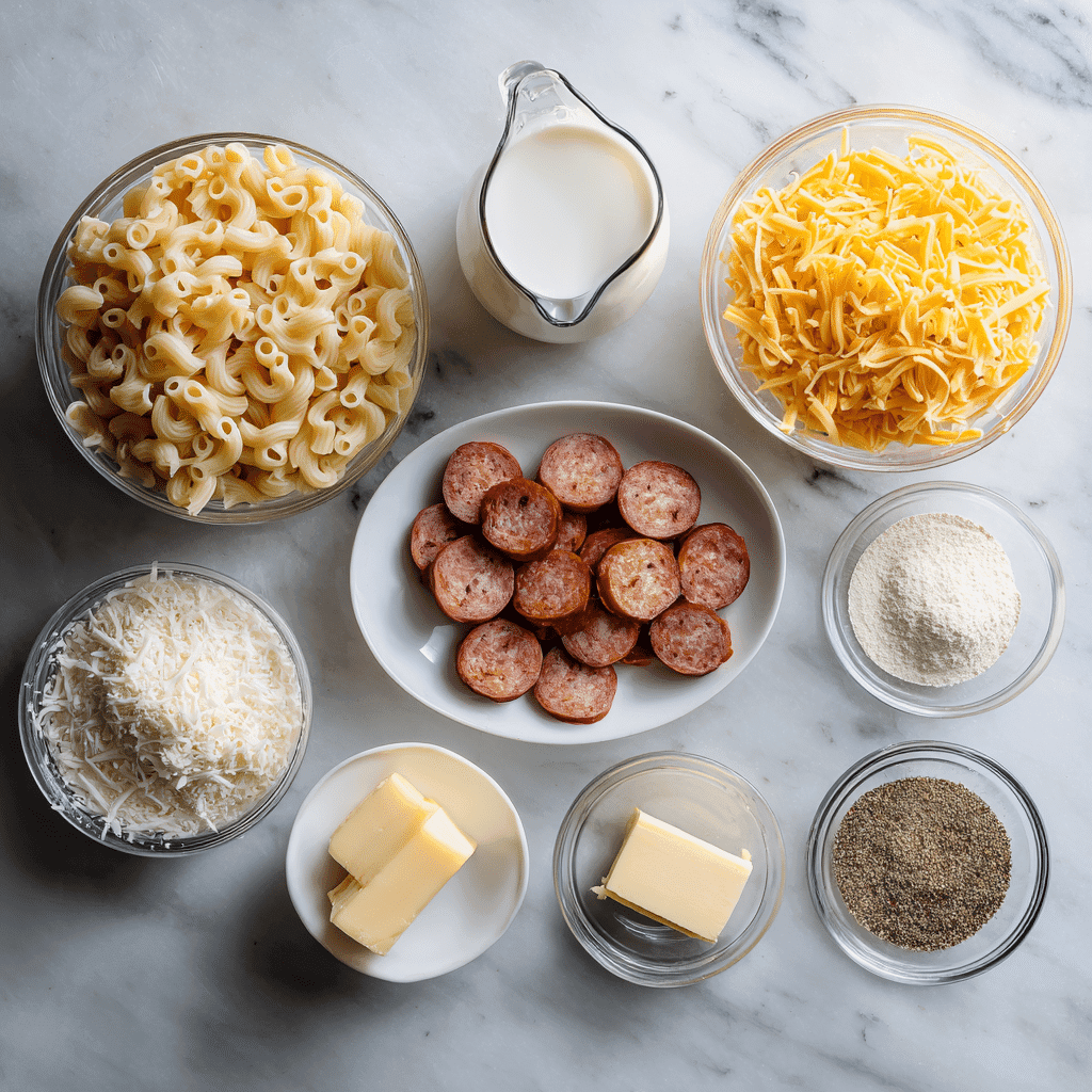 Ingredients for smoked sausage mac and cheese