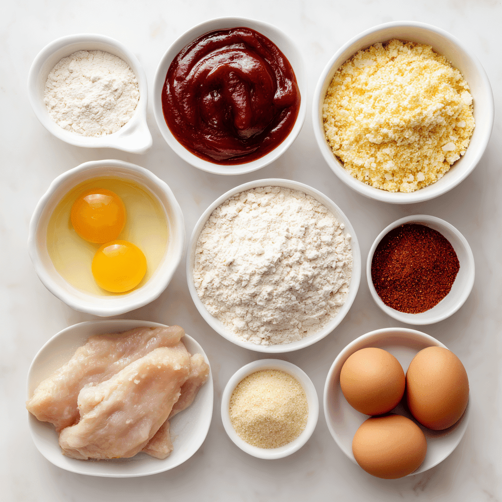 Ingredients for Crispy Chicken Tenders and BBQ Sauce