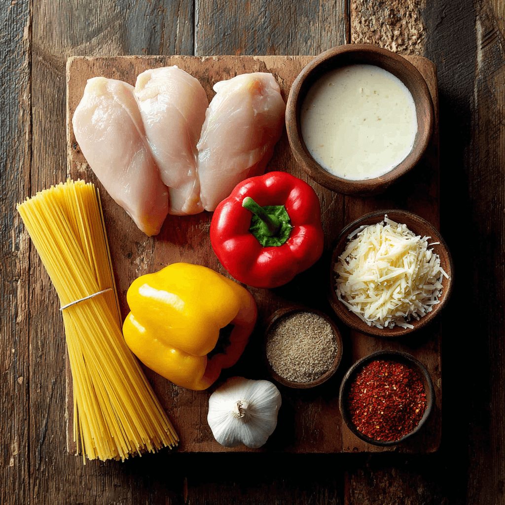 Ingredients for creamy Cajun chicken pasta