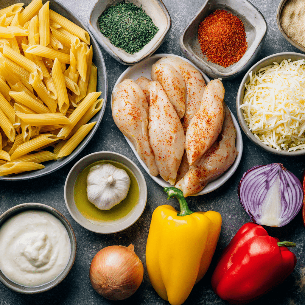 Ingredients for creamy Cajun chicken penne pasta bake