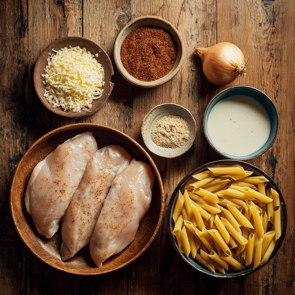Cajun Chicken Penne Ingredients on Table