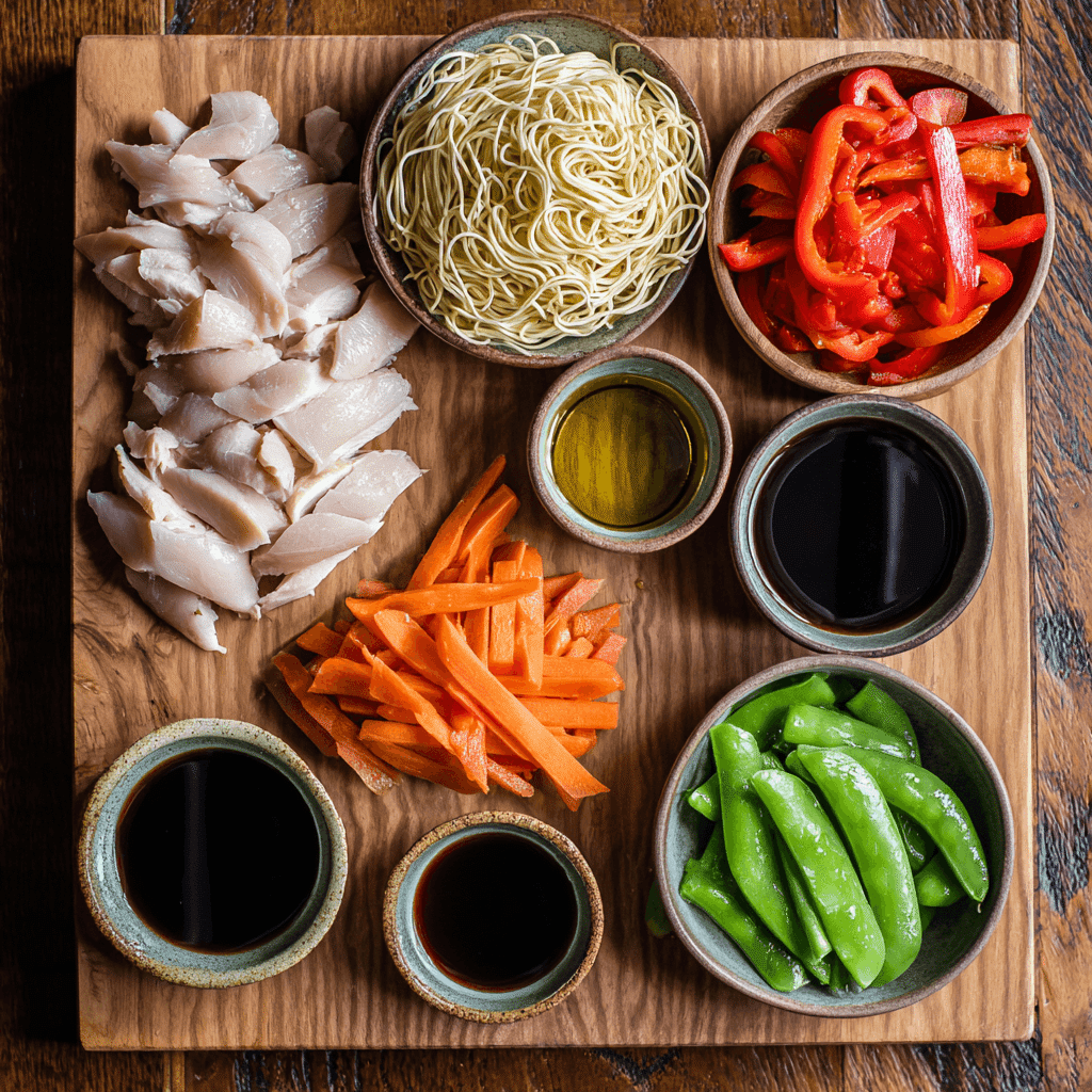 Chicken Lo Mein Stir Fry ingredients laid out