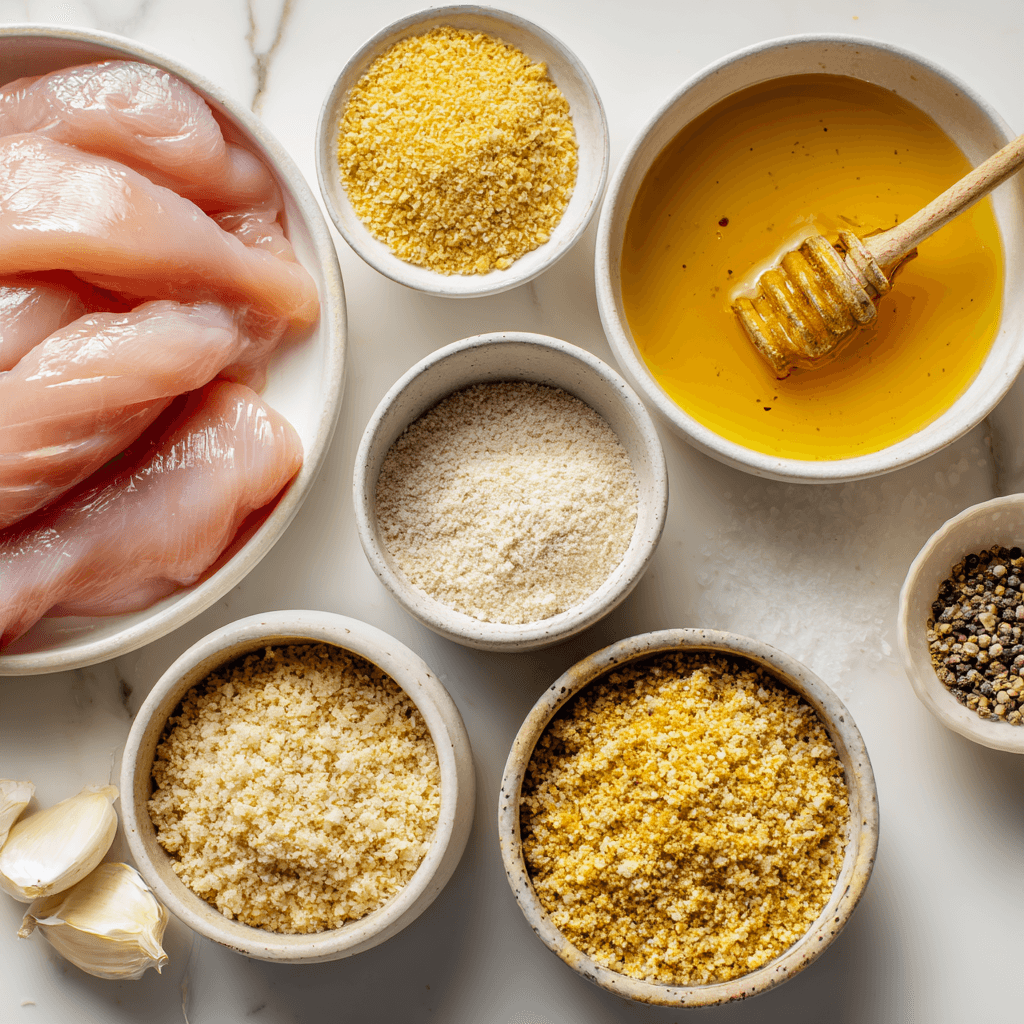 Ingredients for honey mustard baked chicken tenders