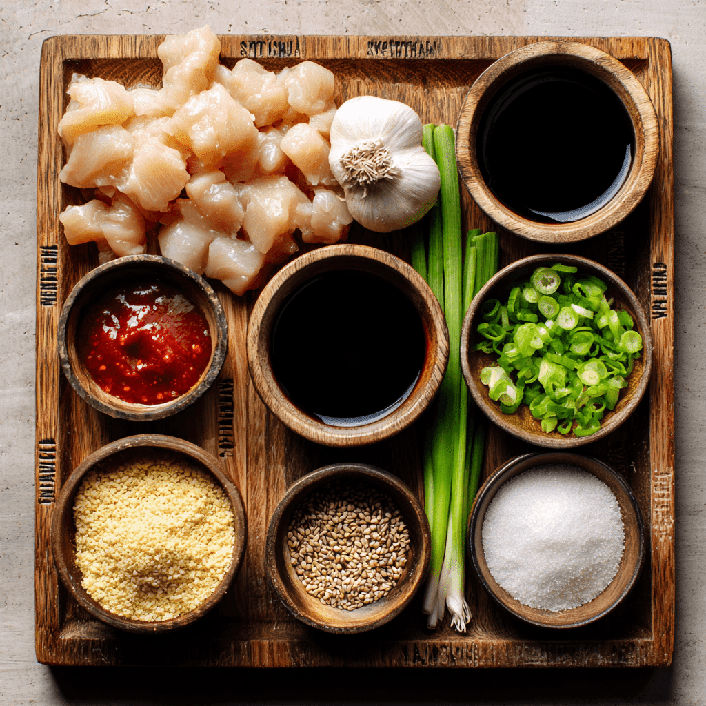Ingredients for sweet chili chicken bites laid out on a board
