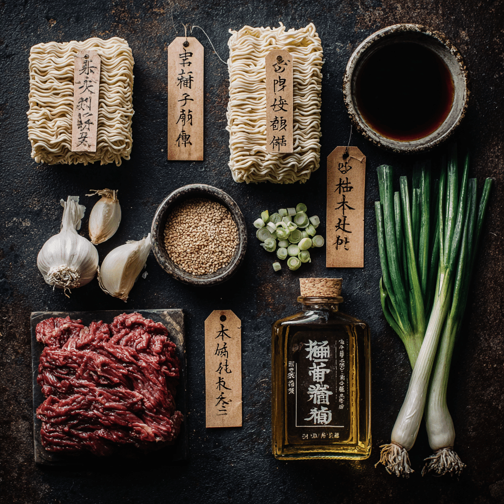 Ingredients for Quick Beef Ramen Skillet