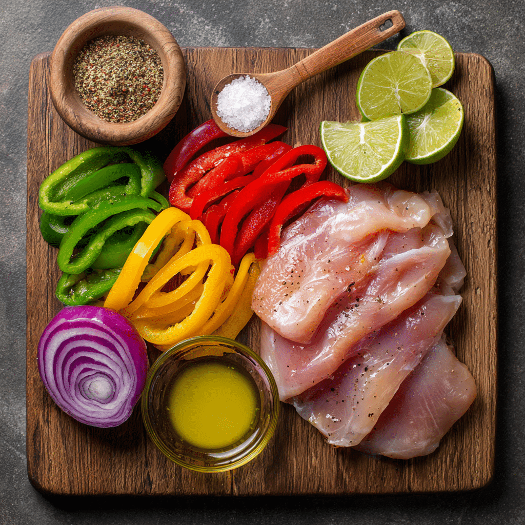 Ingredients for chicken fajita skillet on cutting board