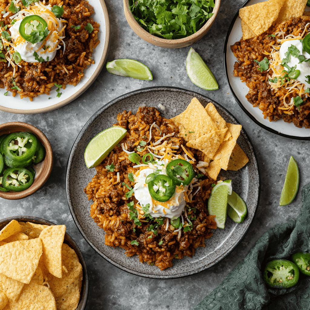 Served beef taco rice with toppings
