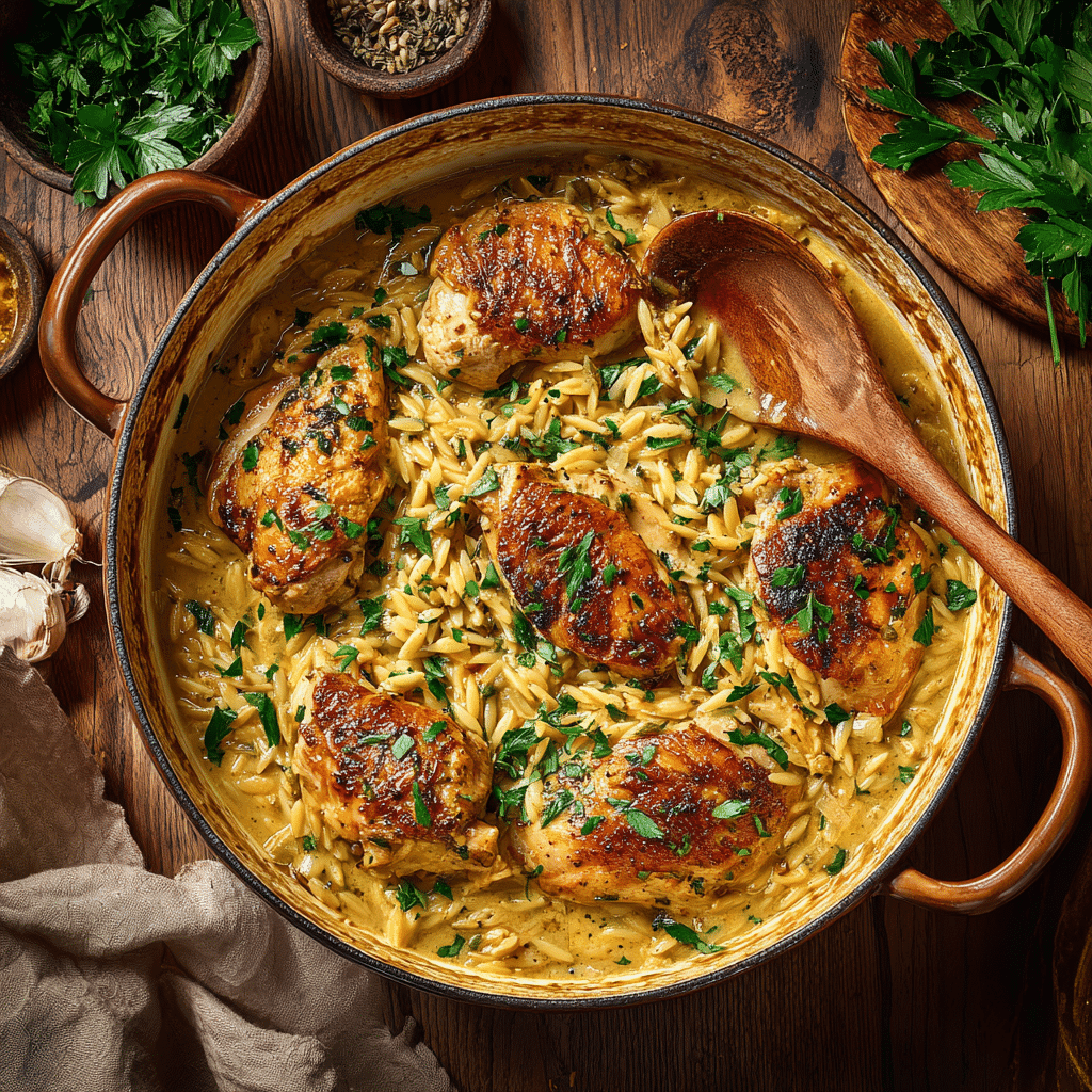 One-pot creamy chicken orzo in pan