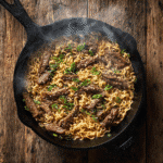 Quick Beef Ramen Skillet in a hot skillet
