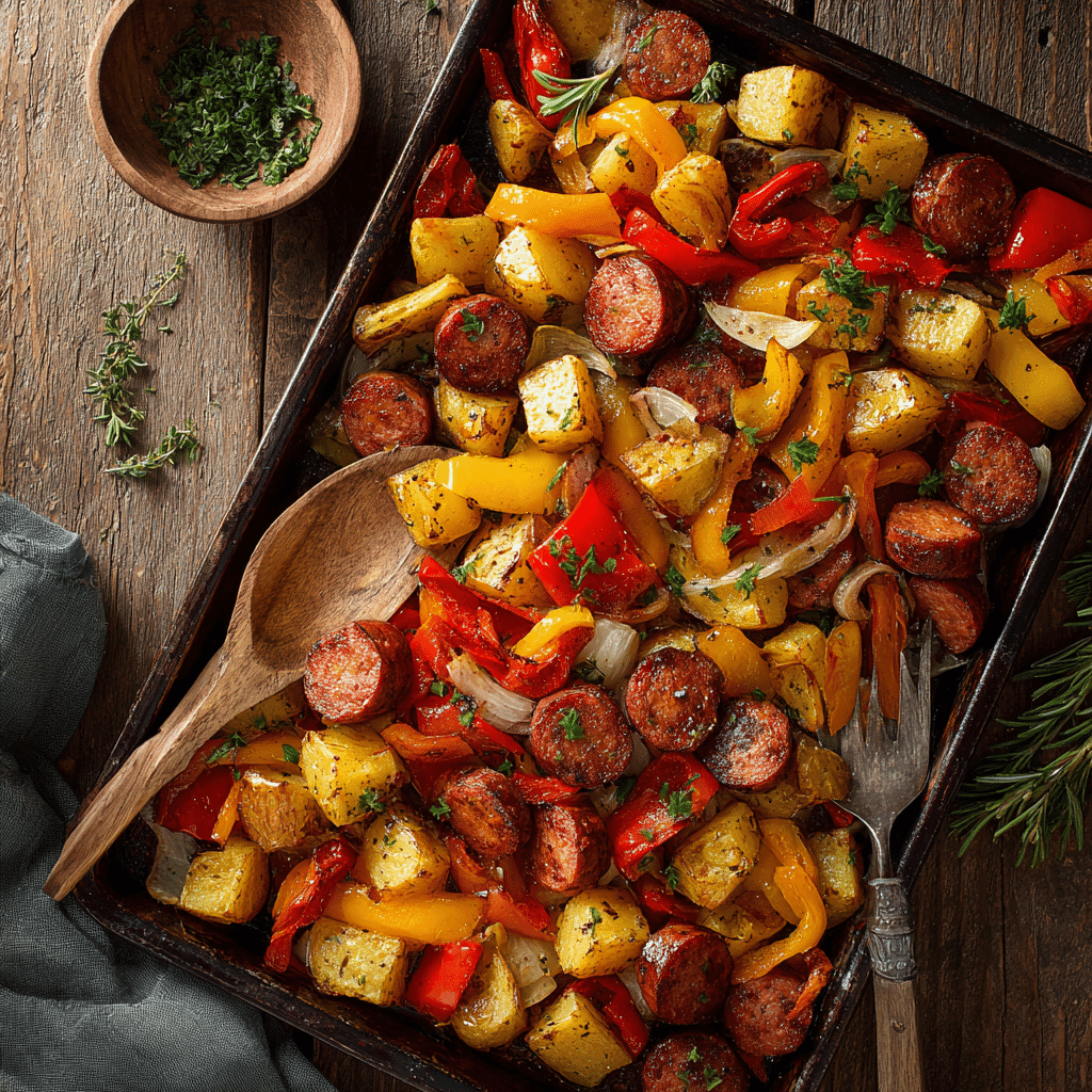 One-Pan Smoked Sausage and Potatoes ready to serve