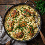 Creamy garlic chicken orzo in skillet