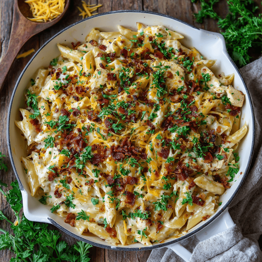 Chicken Bacon Ranch Pasta in skillet
