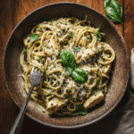 Creamy pesto chicken pasta in bowl