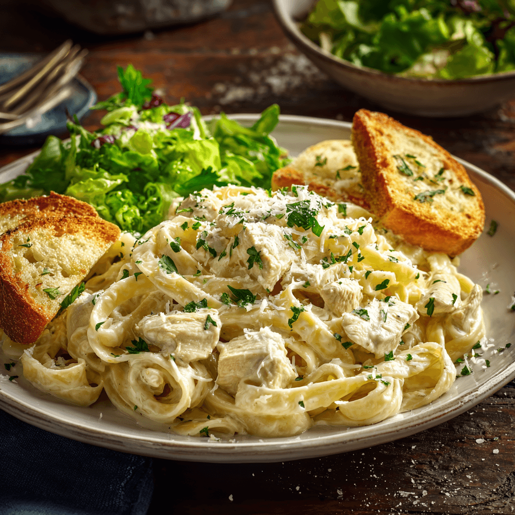 Plated chicken fettuccine Alfredo with garlic bread and salad