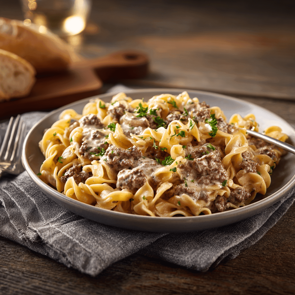 Serving creamy beef stroganoff with egg noodles