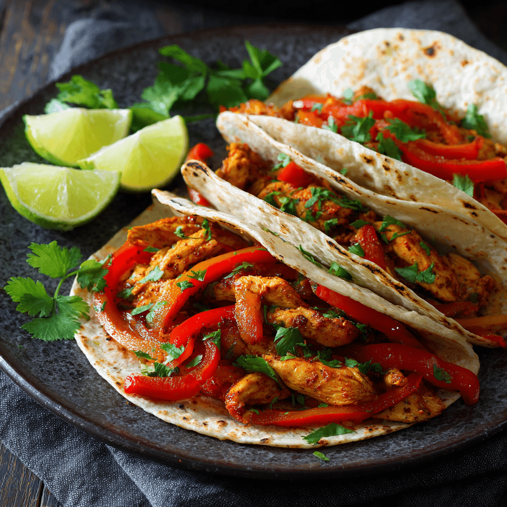 Plated chicken fajitas with tortillas on the side, garnished with lime wedges and cilantro. Bright, colorful, casual dinner table setup.