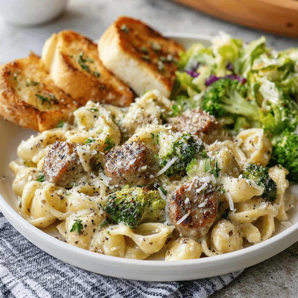 Sausage and broccoli Alfredo served with garlic bread