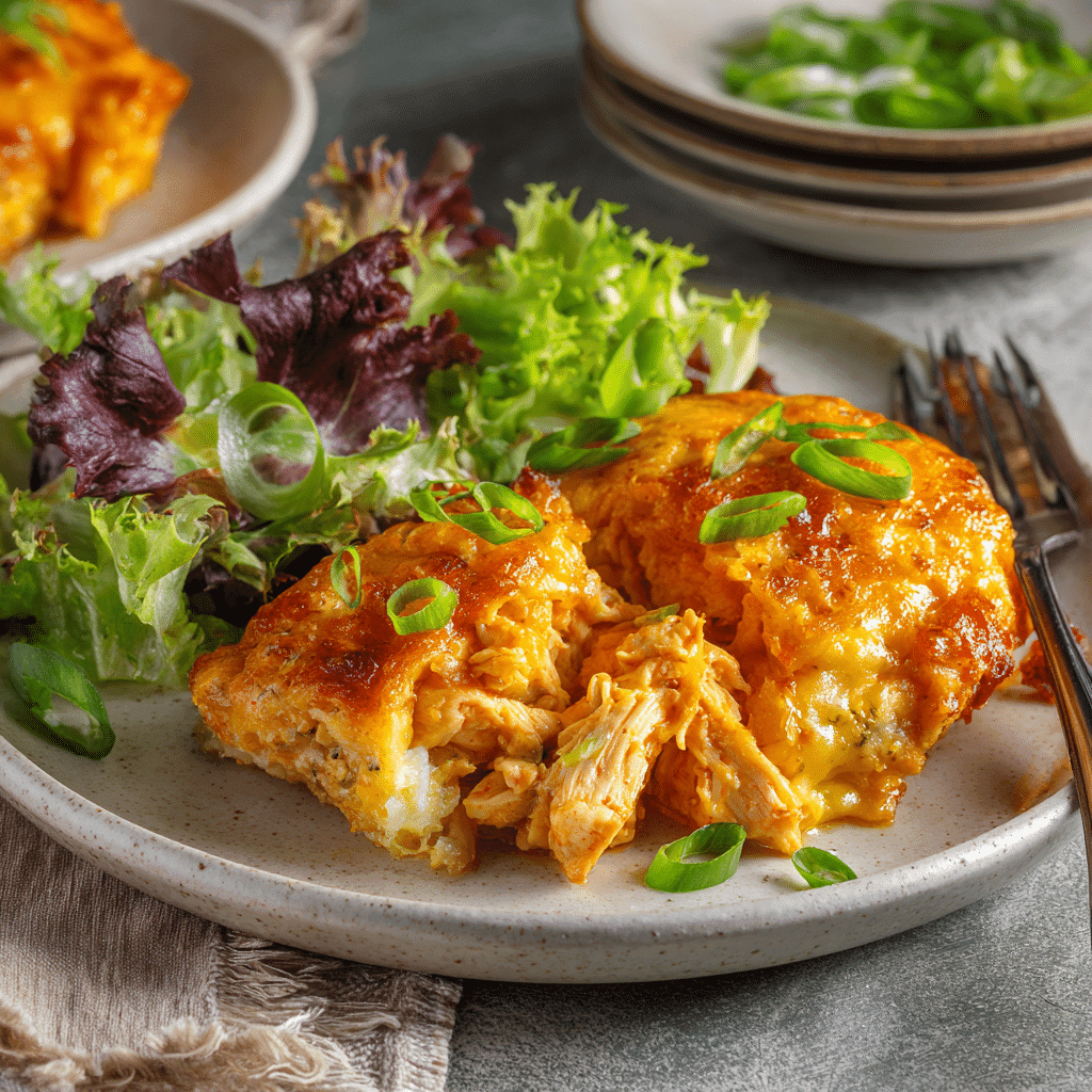 Plated High-Protein Buffalo Chicken Bake with fresh salad