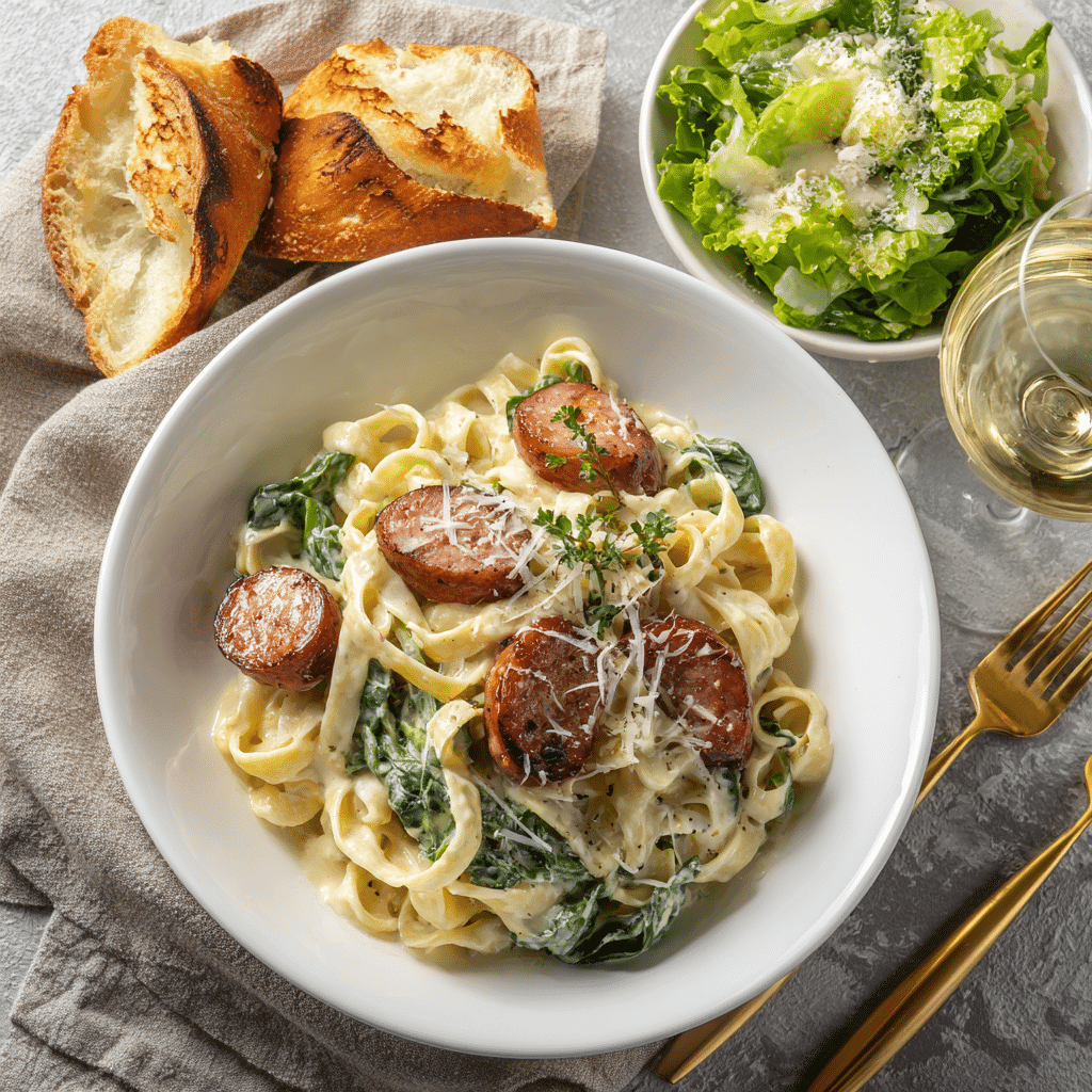Smoked sausage Alfredo pasta served with salad and bread