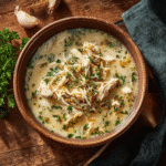 Garlic Parmesan Chicken Soup served hot in a rustic bowl