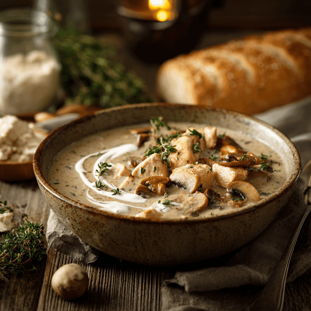 Served bowl of chicken and wild mushroom soup with herbs