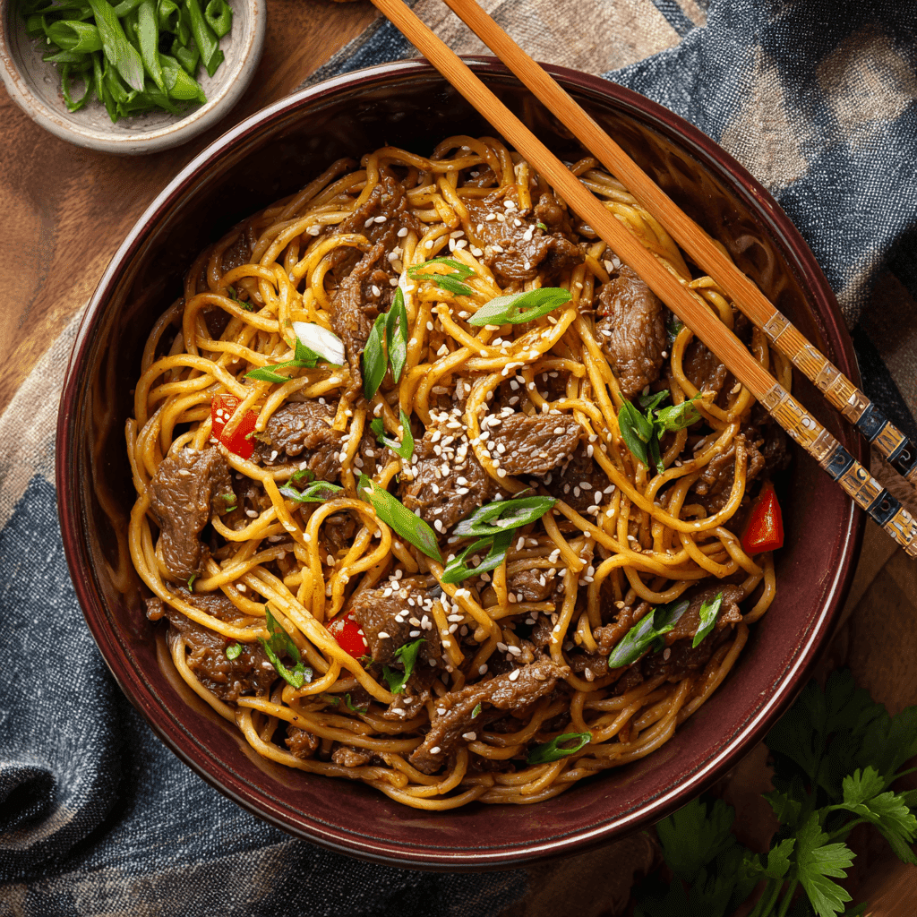 Asian Sesame Beef Noodles served