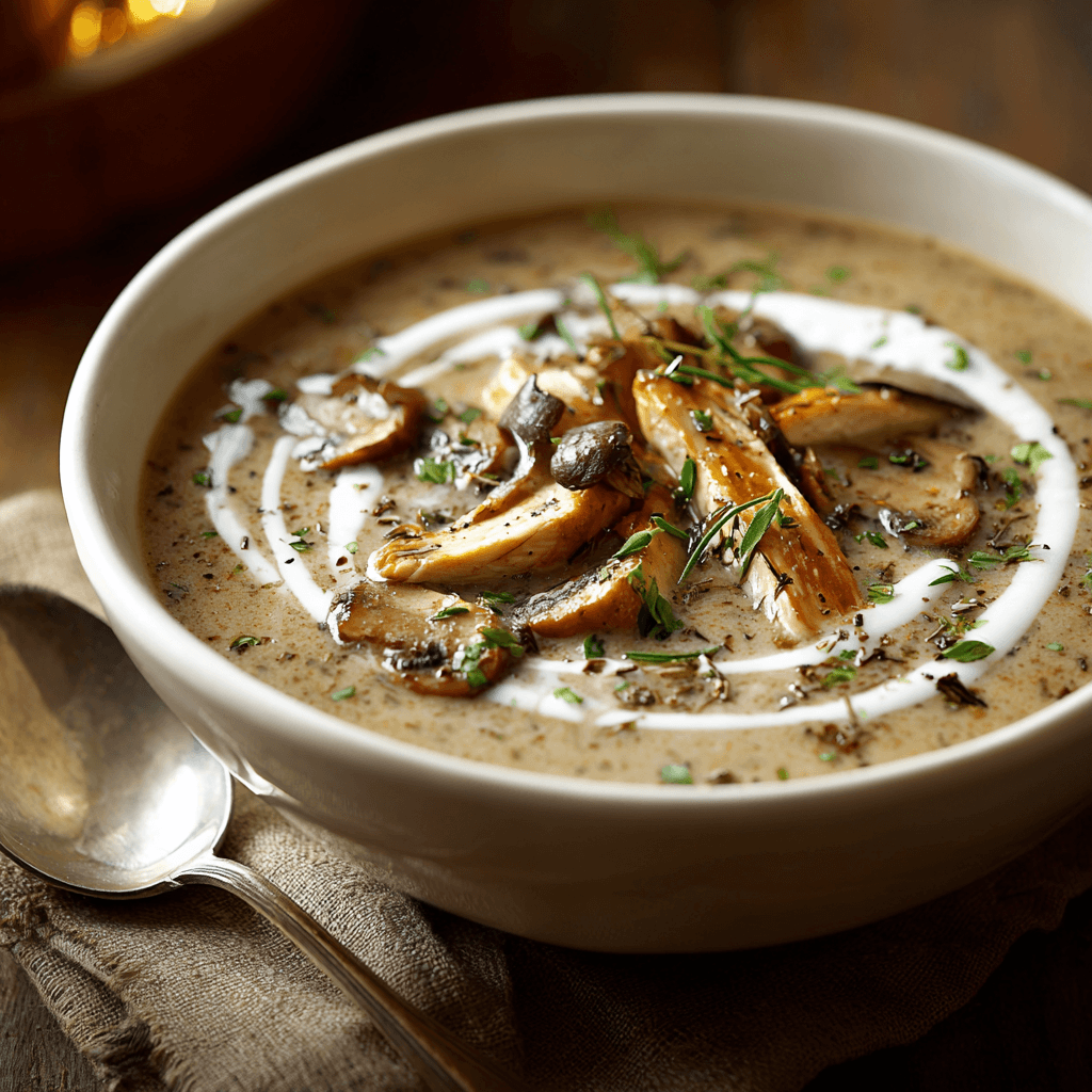 Chicken and Wild Mushroom Soup in rustic bowl