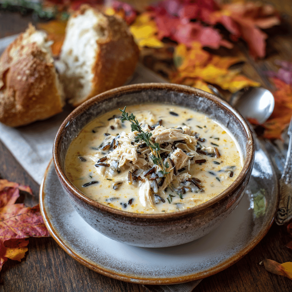 Served bowl of chicken and wild rice soup with herbs