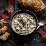 Chicken and Wild Rice Autumn Soup served warm on a rustic fall table