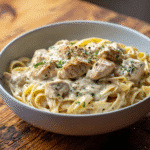 Slow Cooker Chicken Fettuccine Alfredo in a ceramic bowl