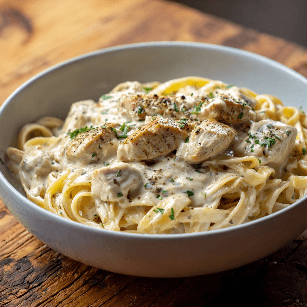Slow Cooker Chicken Fettuccine Alfredo in a ceramic bowl