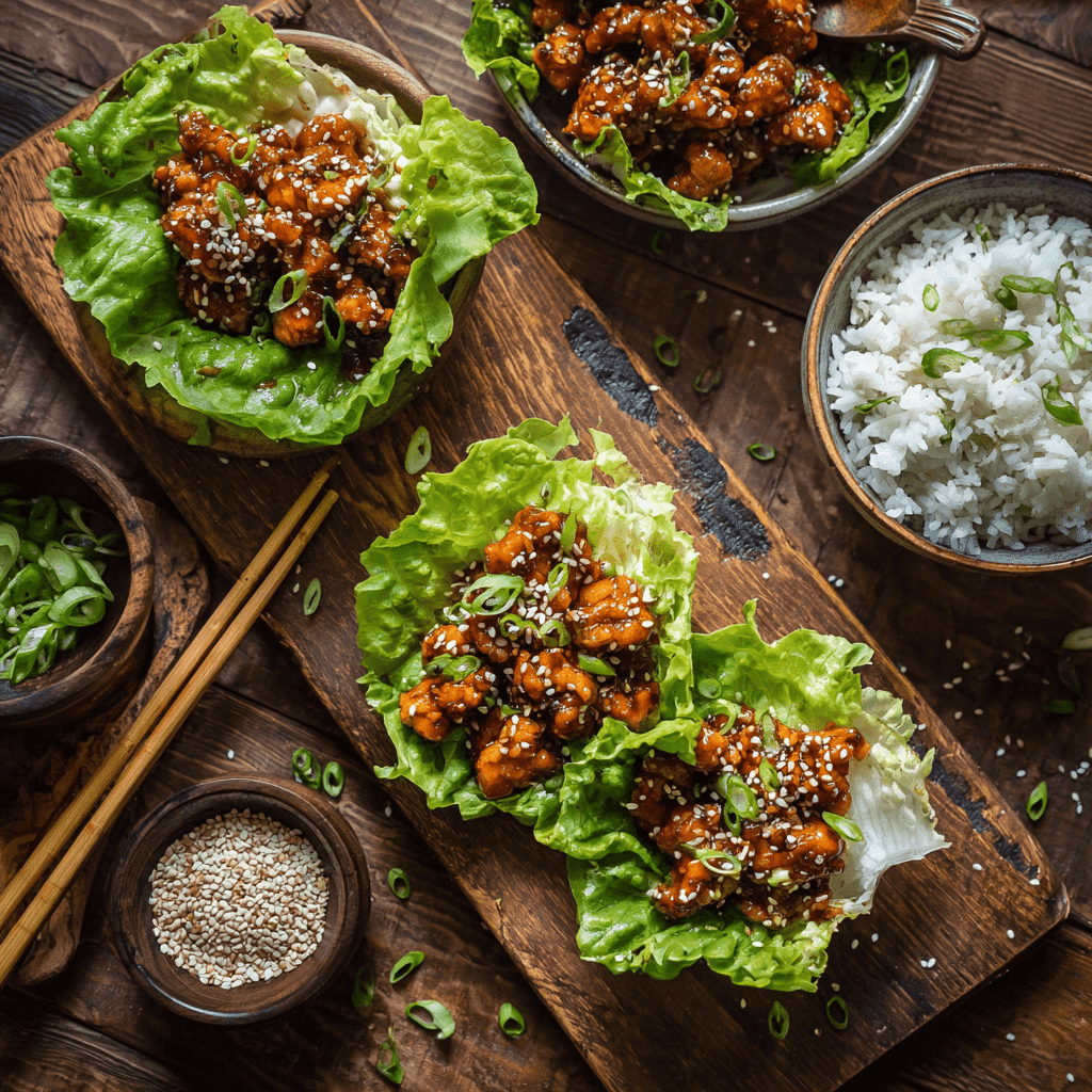 Sweet chili chicken bites in lettuce wraps and rice bowls