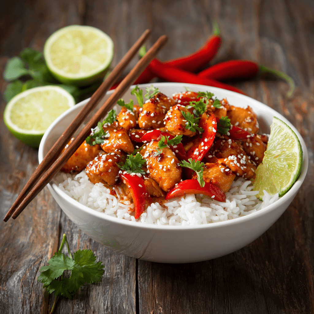 Served bowl of sweet chili chicken stir fry