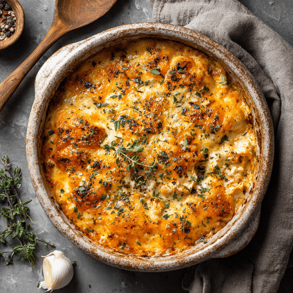 High-Protein Buffalo Chicken Bake in dish