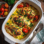 Baked cream cheese chicken breast in a ceramic baking dish