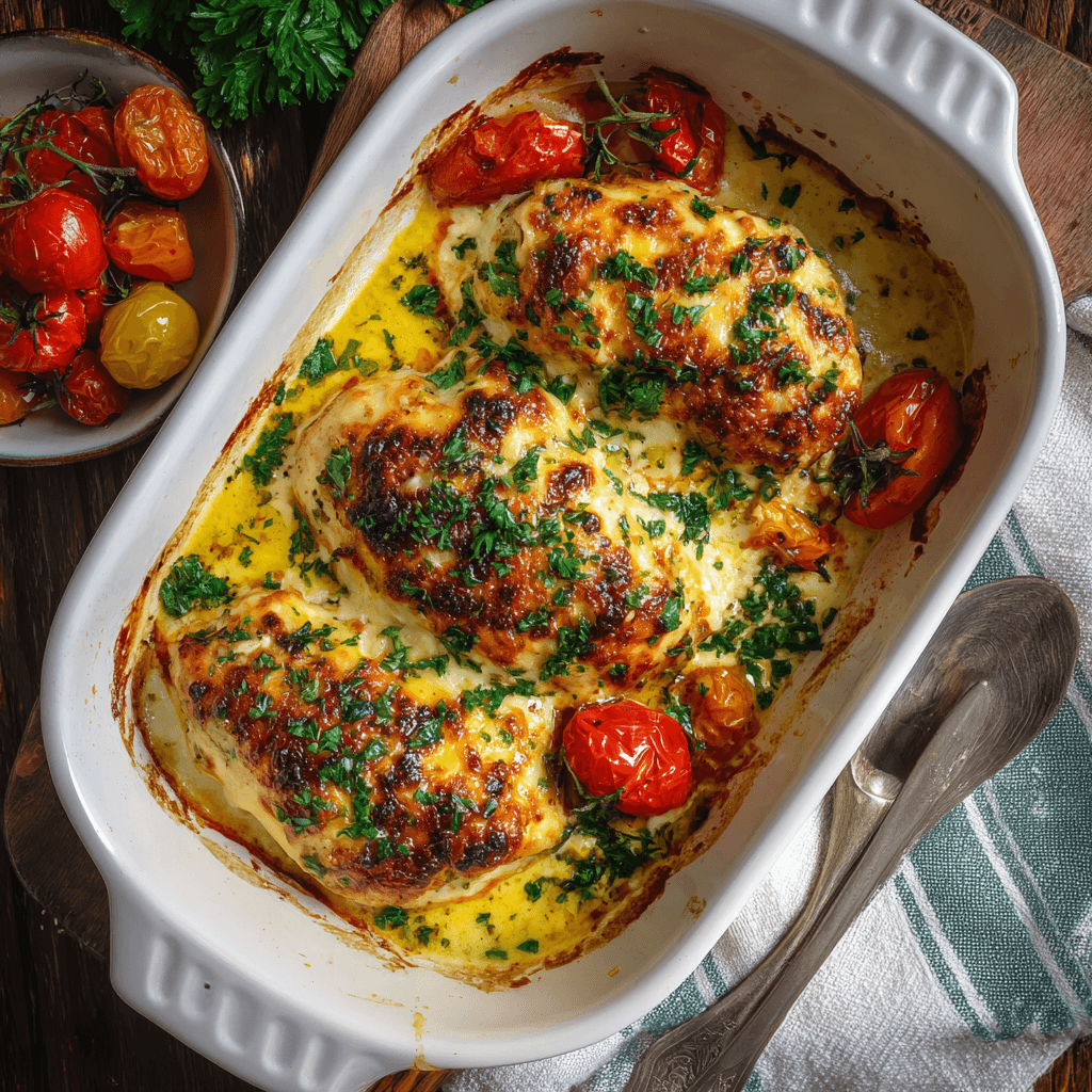 Baked cream cheese chicken breast in a ceramic baking dish