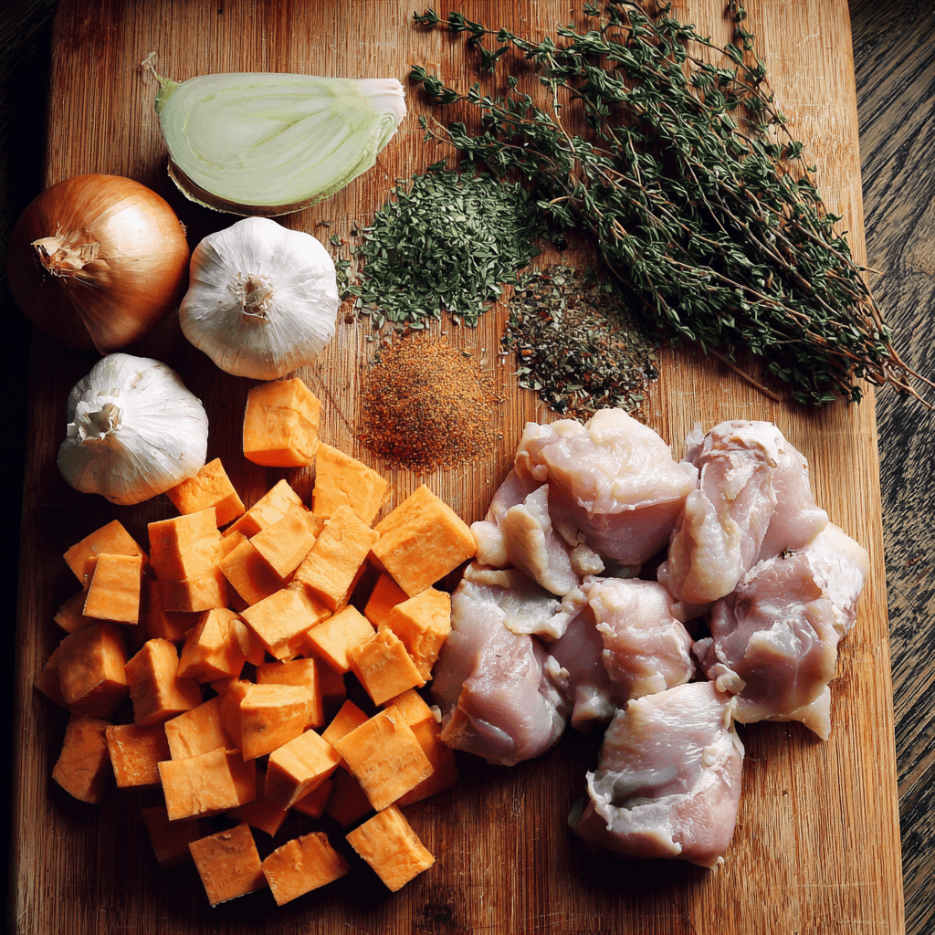 Ingredients for chicken and sweet potato soup