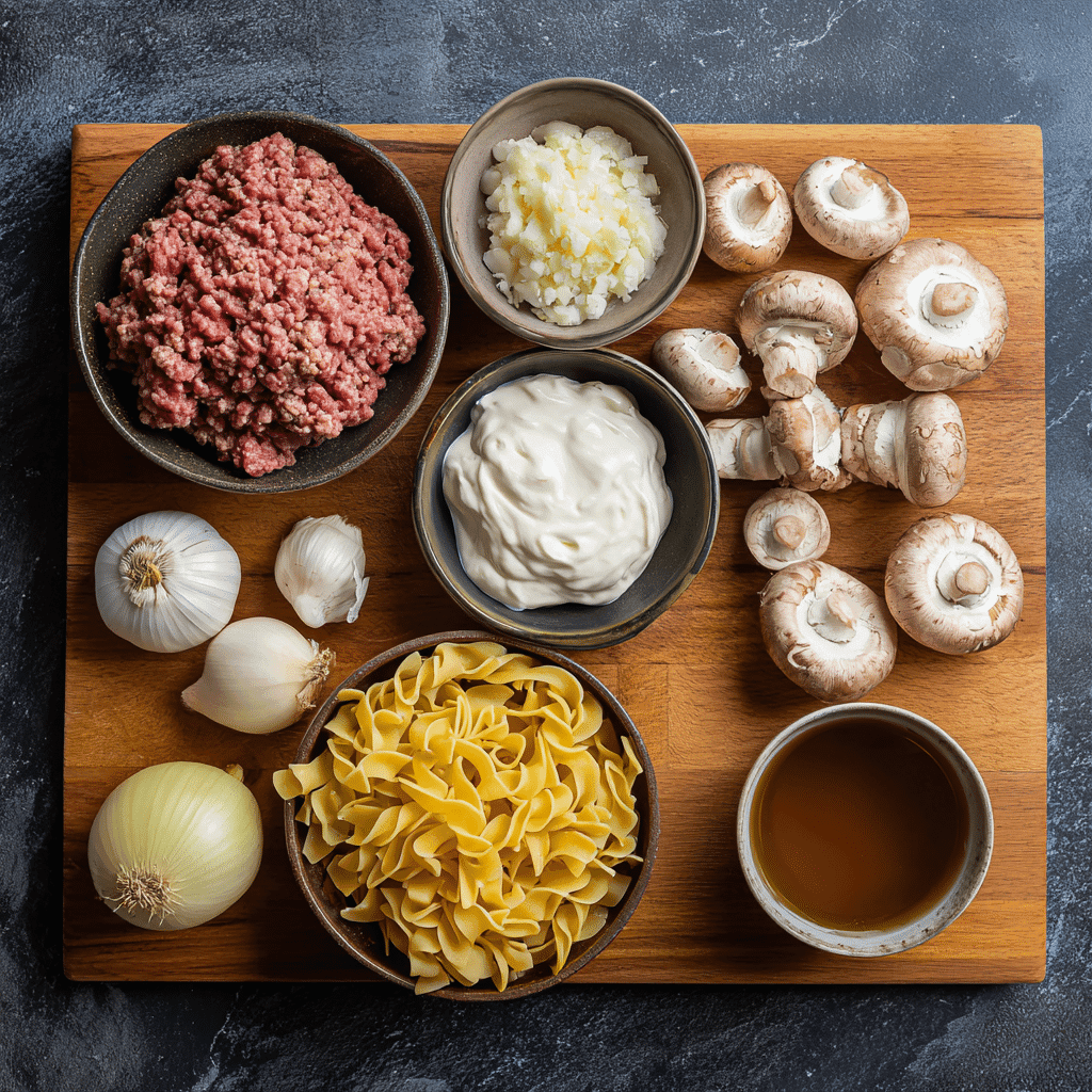 Ingredients for creamy ground beef stroganoff