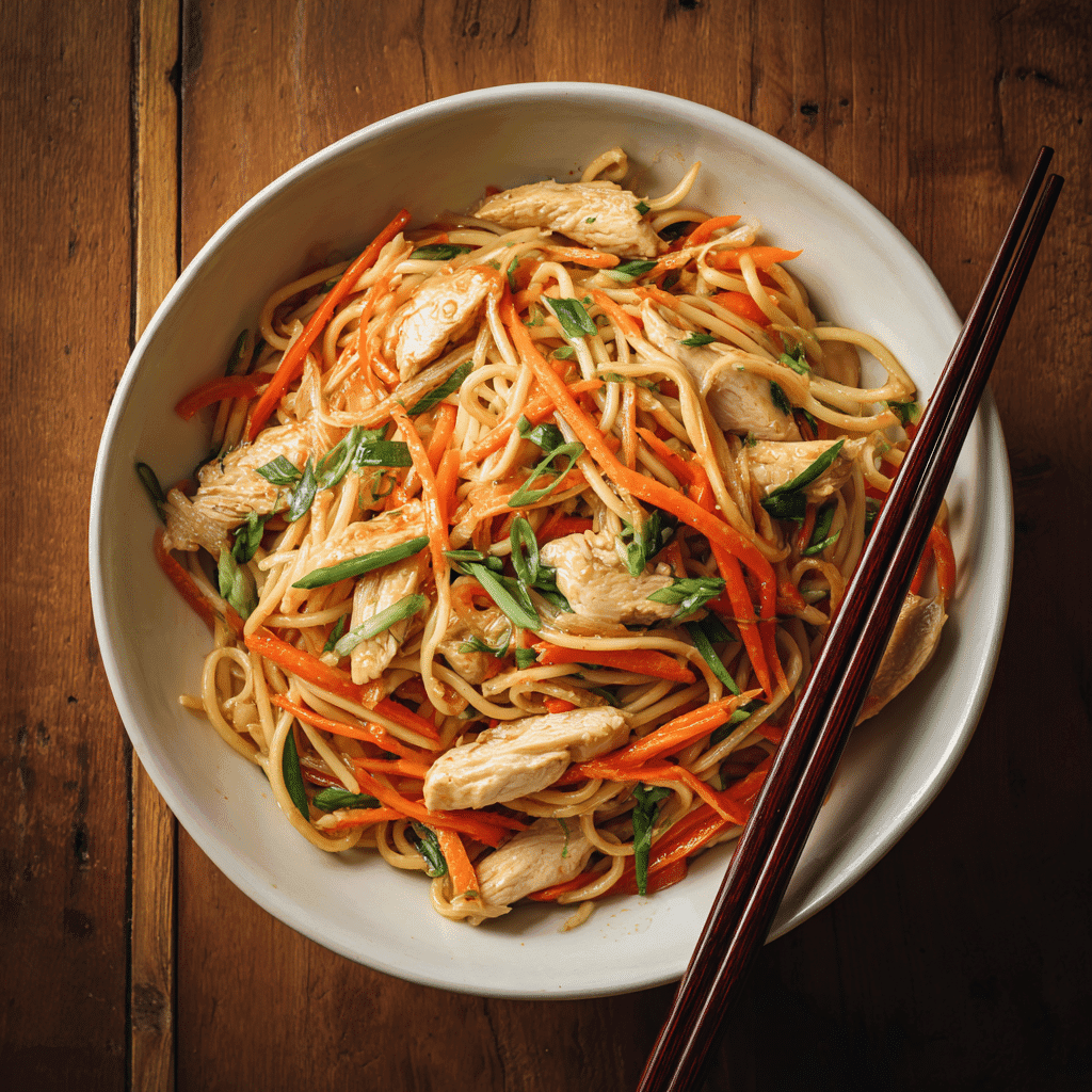 Classic Chinese Chicken Lo Mein in bowl with chopsticks