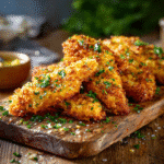 crispy garlic herb chicken tenders on serving board
