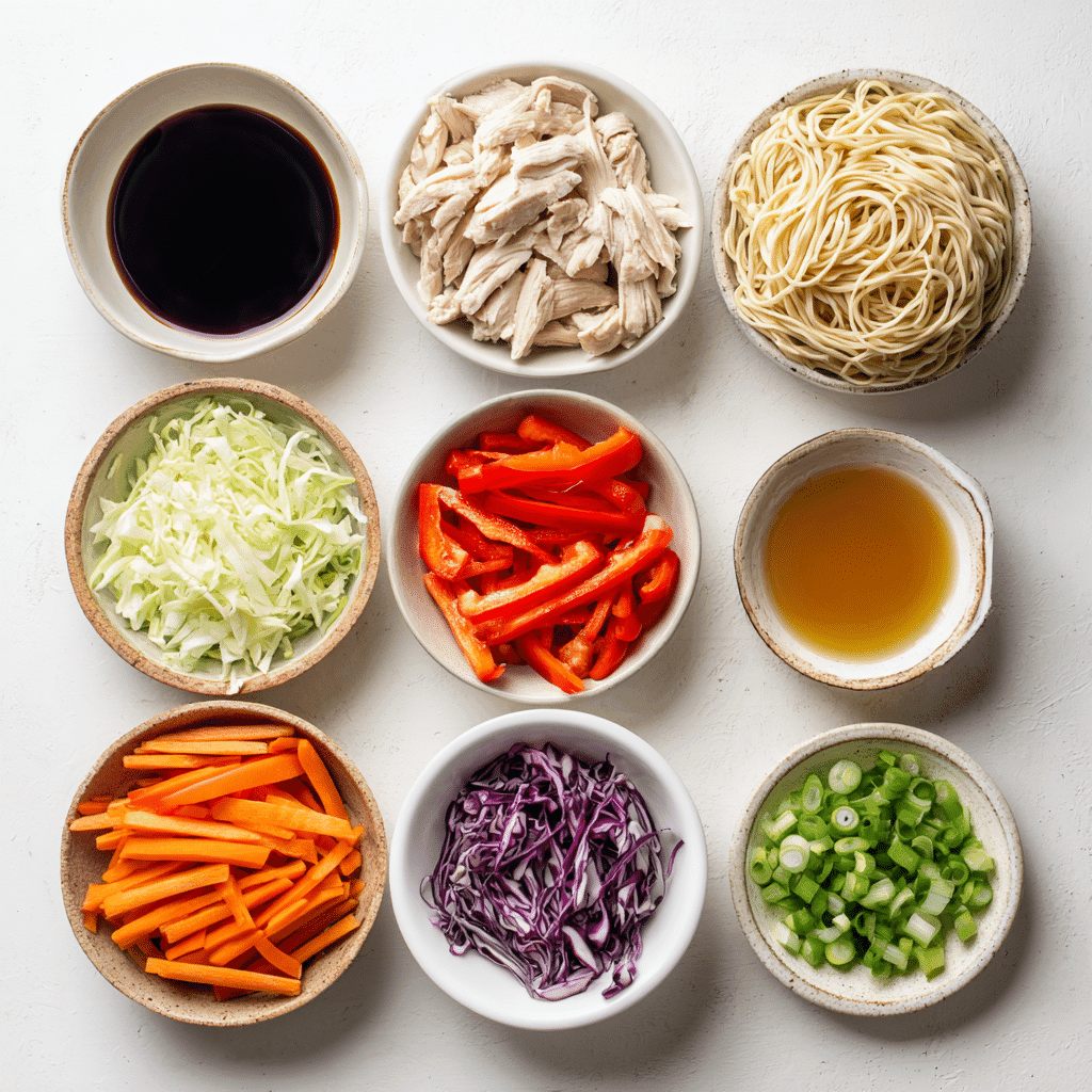 Chicken lo mein ingredients laid out flat