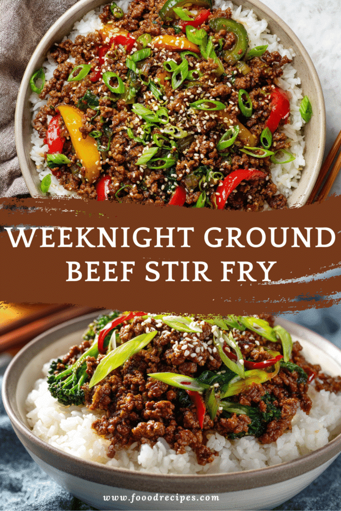Weeknight ground beef stir fry served over rice with sesame seeds and scallions