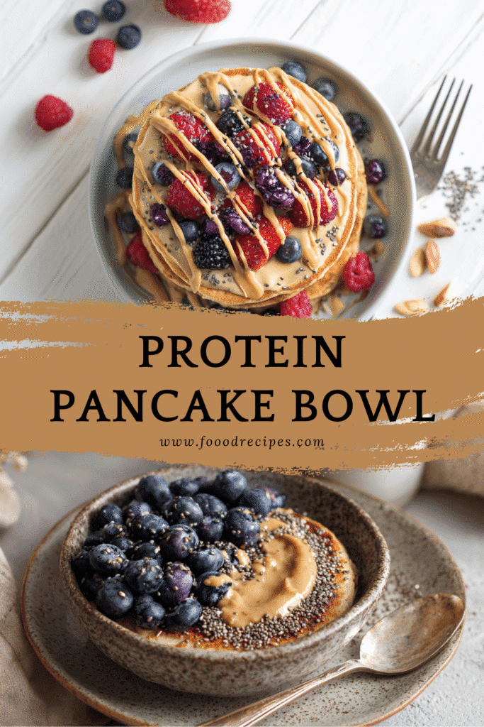 High-protein pancake bowl topped with berries, almond butter, and chia seeds – healthy breakfast idea for busy mornings.