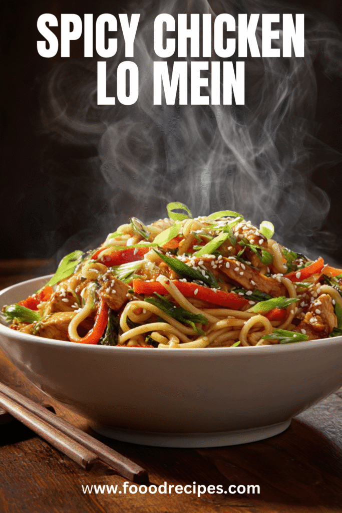 Spicy Chicken Lo Mein in a white bowl with steam and chopsticks