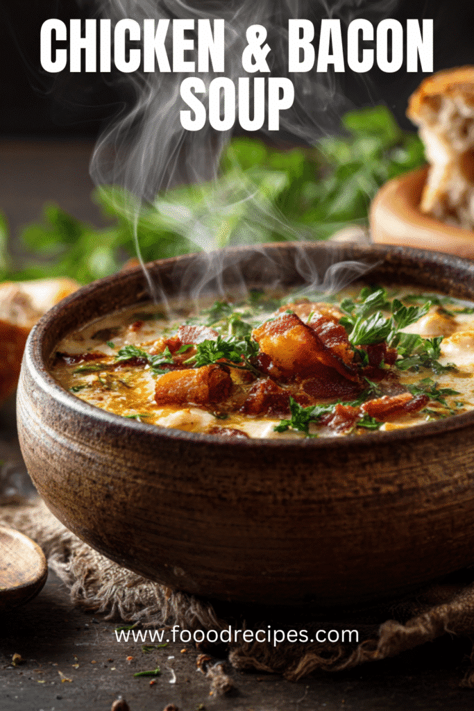 Creamy Chicken and Bacon Comfort Soup in Rustic Bowl