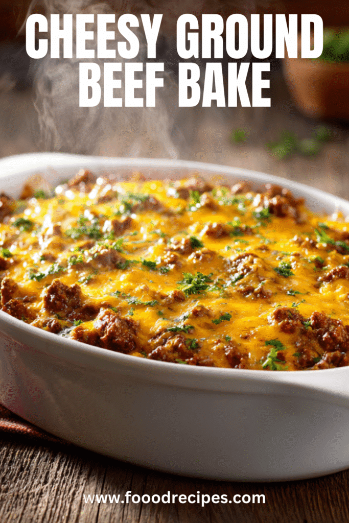 Cheesy Ground Beef Bake fresh from the oven with golden melted cheese and beef in a white baking dish