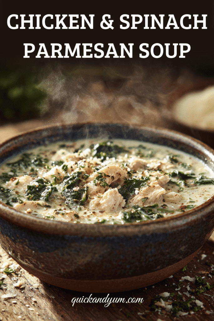 Chicken & Spinach Parmesan Soup in a rustic bowl with creamy broth, tender chicken, and spinach – quick and comforting one-pot dinner idea