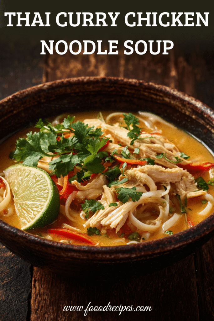 Thai curry chicken noodle soup in a rustic bowl with noodles, shredded chicken, red curry broth, cilantro, and lime